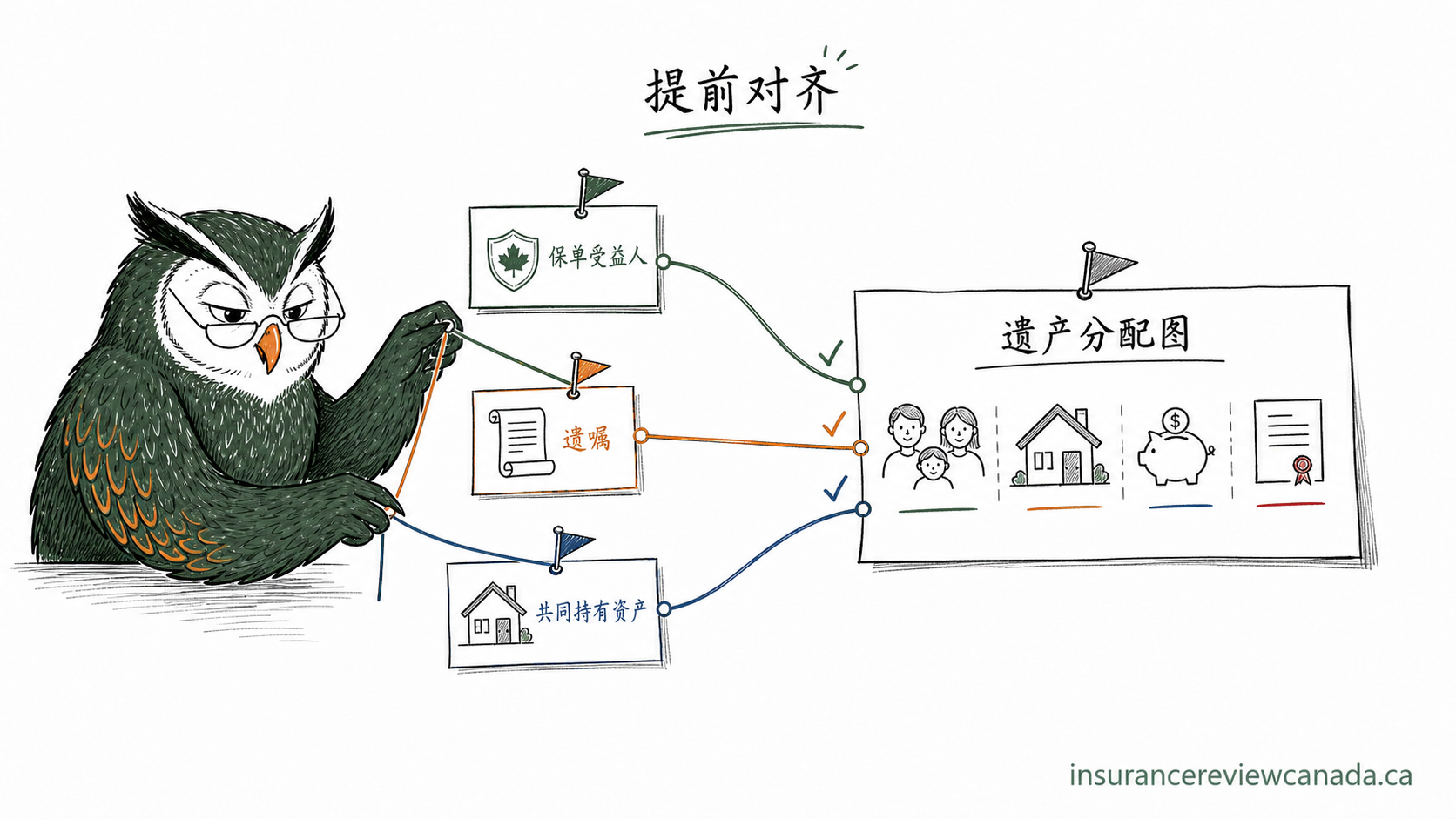 手绘猫头鹰把保单受益人、遗嘱、共同持有资产三条线协调到一张遗产分配图上,提示三者需提前对齐