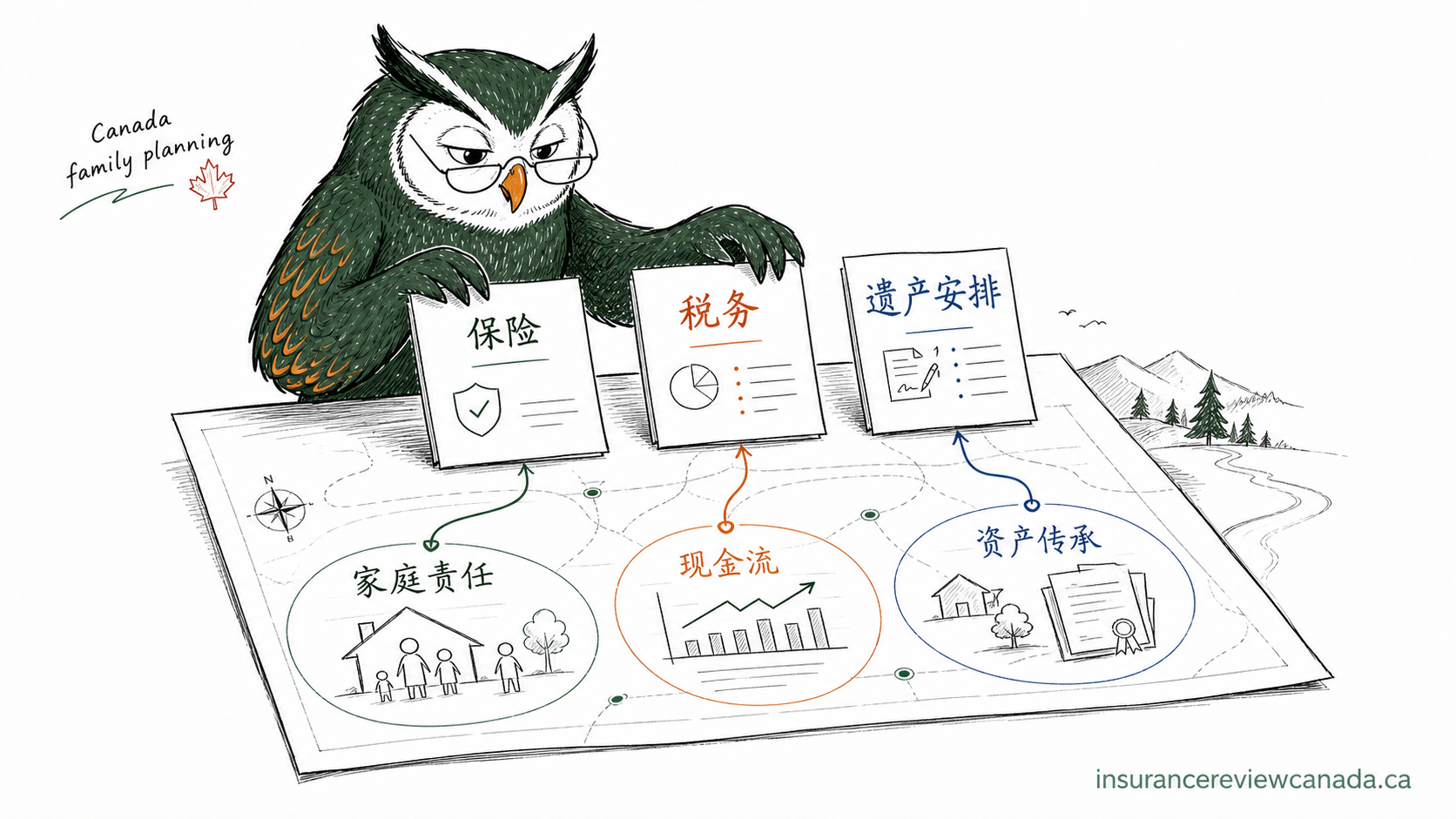手绘猫头鹰把保险、税务、遗产安排三张卡片摆在一张家庭财务全景图上,用箭头连接家庭责任 / 现金流 / 资产传承三个区块