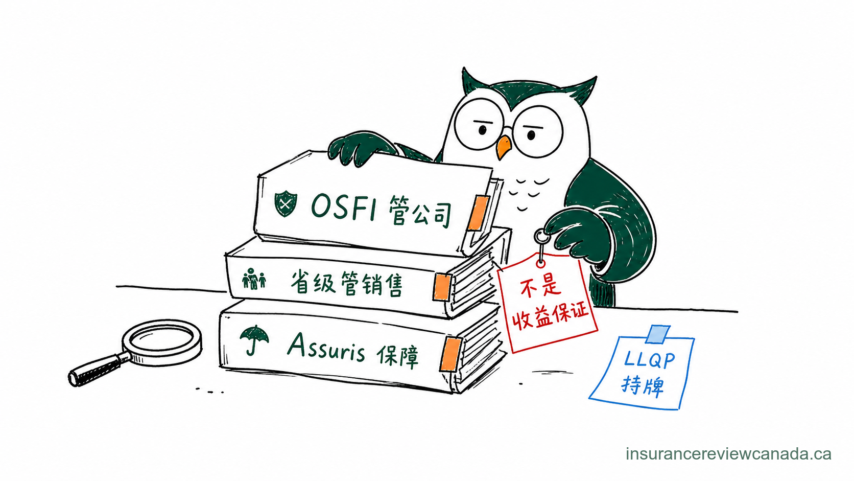 手绘猫头鹰展示加拿大寿险监管层级结构,画面从联邦 OSFI 向下连接到省级 FSRA / BCFSA / AMF / ASRA 等监管单位